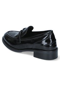 Black patent leather loafers with a rounded toe, decorative strap, and low block heel. Smooth texture with subtle shine and contrasting stitching.