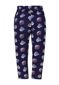 Marineblaue Leggings mit einer weichen Textur, die ein wiederholtes Cartoon-Hundemuster in verschiedenen Farben wie Gelb, Rot und Blau aufweisen. Elastischer Bund.