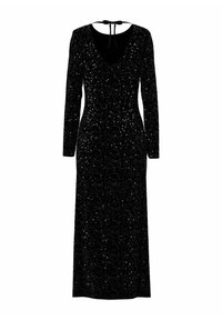 Duga crna haljina sa šljokicama, dugim rukavima, dubokim V-izrezom i detaljem sa vezicama na leđima, prilagođenog silueta za formalne ili večernje prilike.