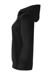 Zwarte hoodie met een voorzak, lange mouwen en een trekkoordkap. Gemaakt van een zachte, geweven stof. Zijaanzicht weergegeven.