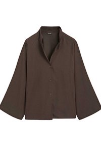 Bruine button-up blouse met een sjawl kraag, lange mouwen en een comfortabele pasvorm. Gemaakt van een geweven stof met subtiele verticale lijnen.