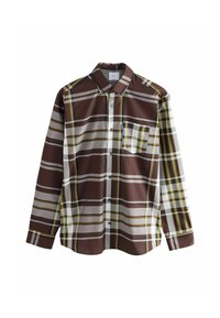 Camisa de cuadros marrón con rayas amarillas, blancas y grises; cuenta con un único bolsillo en el pecho y un cuello clásico.
