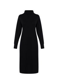 Zwarte geribbelde turtleneck jurk met lange mouwen, aansluitende pasvorm en jurk tot op de knie. Gemaakt van een zachte, gladde stof.