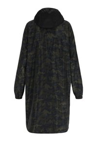 Cămașă de ploaie lungă, cu camuflaj în verde închis și negru, cu glugă, manșete elastice și o croială lejeră. Material neted, ușor.