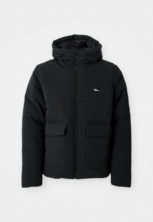 Black padded jacket with hood, front zipper, two large flap pockets, and small white logo on chest.
