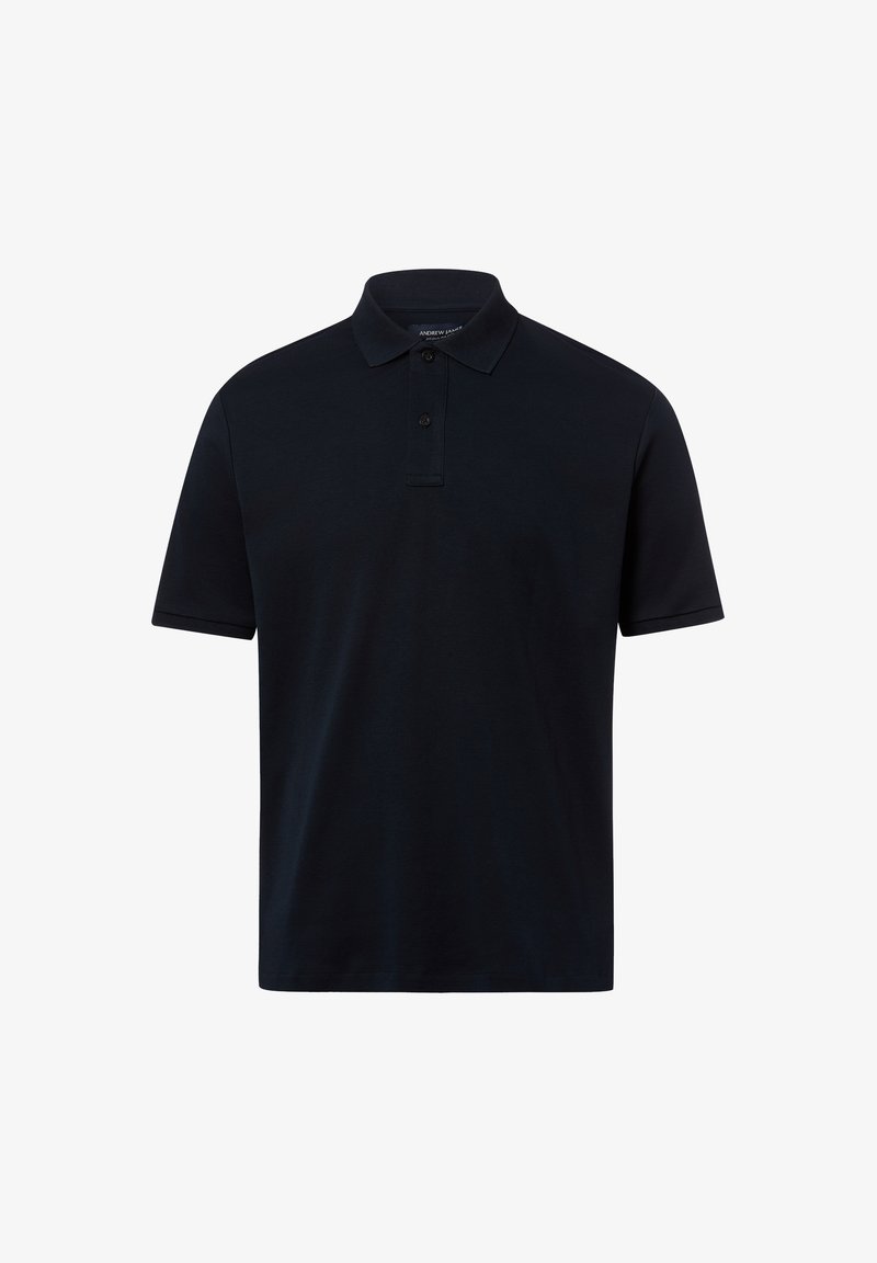 Schwarzes Polohemd mit kurzen Ärmeln, Kragen und zweiknöpfiger Knopfleiste, dargestellt auf weißem Hintergrund.