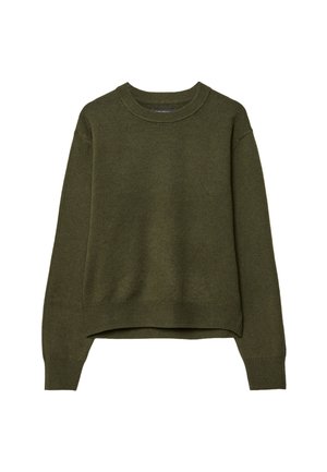 Pull en laine couleur olive avec un col rond, des manches longues et des bords côtelés, présenté sur un fond blanc.