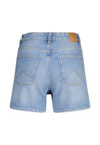 Light blue denim shorts featuring a high waist, two back pockets with a decorative stitch, and a leather brand patch at the back.