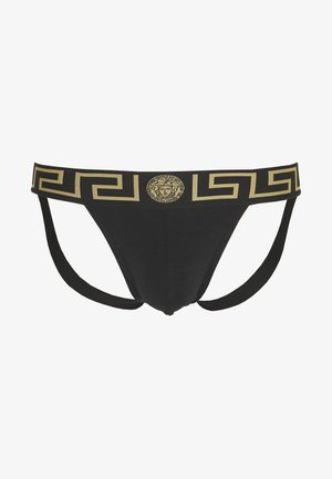 Slip aderenti da uomo in nero con motivo greco in oro e logo Medusa sull'elastico in vita. Il tessuto è liscio, con un design aderente e cinturini laterali regolabili.
