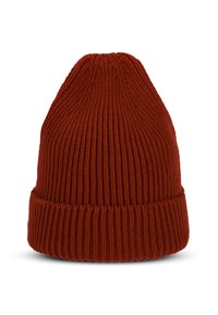 Kötött sapka sötétvörös színben, függőleges bordázott textúrával, hajtott peremmel és lekerekített tetejével. Puha anyaga biztosítja a meleget.