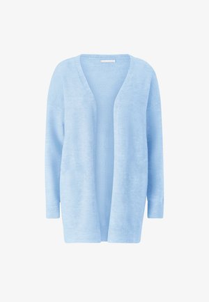 Jasnoniebieski kardigan na otwartym przodzie z długimi rękawami oraz prążkowymi mankietami i dołem, wykonany z miękkiej dzianiny.