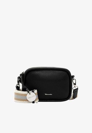 Black textured leather crossbody bag with a rectangular shape, featuring a woven adjustable strap in beige, gray, and white, and silver logo detail.