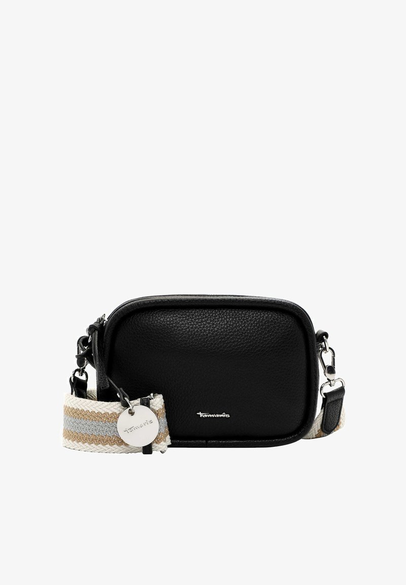 Schwarze, strukturierte Leder-Crossbody-Tasche mit rechteckiger Form, ausgestattet mit einem gewebten, verstellbaren Tragriemen in Beige, Grau und Weiß sowie einem silbernen Logo-Detail.