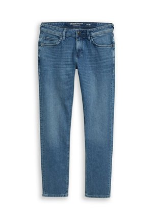 Jeans in denim blu con vestibilità slim, design a cinque tasche e leggero effetto sbiadito. Vita standard con passanti per cintura e chiusura con bottone.