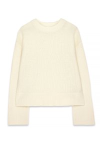 Kremkrāsas adīts džemperis ar apaļu kakla izgriezumu, nolaižamām plecu daļām un garām piedurknēm. Iekļauj ribotas aproces un taisnu apakšmalu.