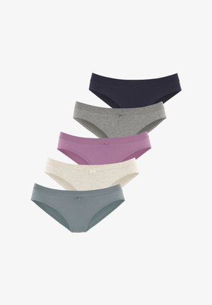 Päť párov dámskych bavlnených nohavičiek v námorníckej modrej, sivej, purpurovej, svetlosivej a tyrkysovej farbe, s tenkými pásikmi a malými mašličkami.