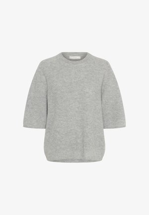 Gray knitted sweater, featuring a round neckline, short wide sleeves, and a slightly curved hem. Soft texture with subtle pattern.