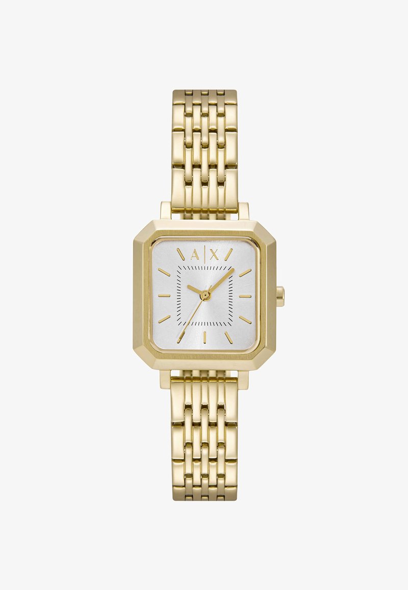 Goudkleurig rechthoekig polshorloge met witte wijzerplaat, gouden uurmarkeringen en wijzers, en een metalen schakelarmband.