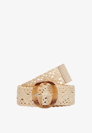 Spleciony beżowy pasek z okrągłą klamrą w kolorze skorupy żółwia. Posiada otwartą teksturę splotu oraz gładki skórzany koniec.