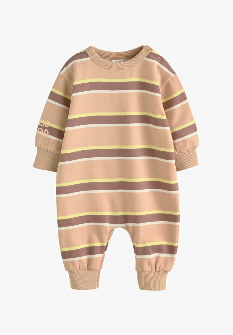 Salopette a righe per bambini in beige chiaro, con righe orizzontali marroni, bianche e gialle. Maniche a costine e chiusure a scatto sulla spalla.