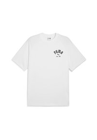 Camiseta de algodón blanca de manga corta, con un logo negro impreso "PUMA est. 48" en el pecho. Diseño sencillo de cuello redondo.