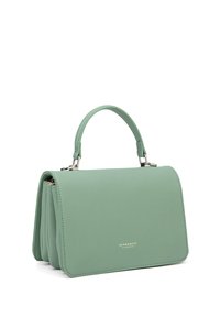 Groene leren handtas met een gestructureerde vorm, bovenhandvat en metalen accenten. Textuur met een subtiele logo aan de onderkant.