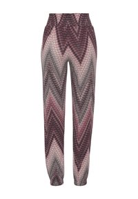 Joggers a maglia con un motivo a zigzag in tonalità di bordeaux, rosa e grigio; vita elastica; gamba affusolata con caviglie elastiche.