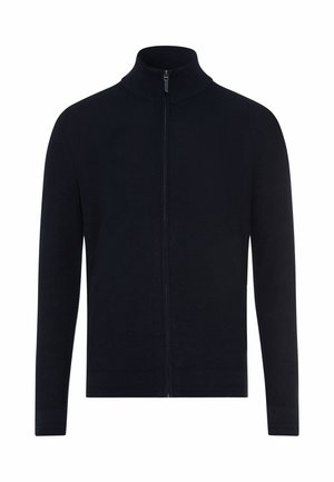 Sort langærmet zip-up sweater med ribstrikket høj krave og ribstrikkede ærmegab, vist mod en hvid baggrund.