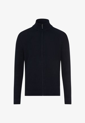 Maglione nero a maniche lunghe con cerniera, collo alto a coste e polsini a coste, esposto su sfondo bianco.