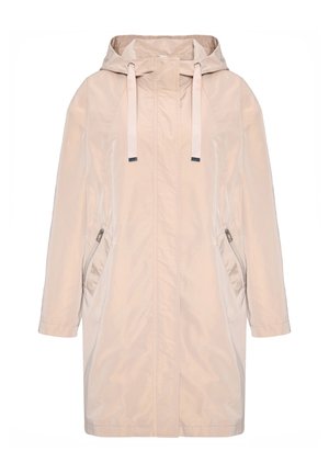 Beige waterdichte jas met een capuchon, ritszakken aan de zijkant en een ontspannen pasvorm. Gemaakt van glad, lichtgewicht materiaal met een glanzende afwerking.