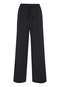 Wijd uitgesneden zwarte broek van zachte stof, met een elastische tailleband en trekkoord, zijnaad en een gladde textuur.
