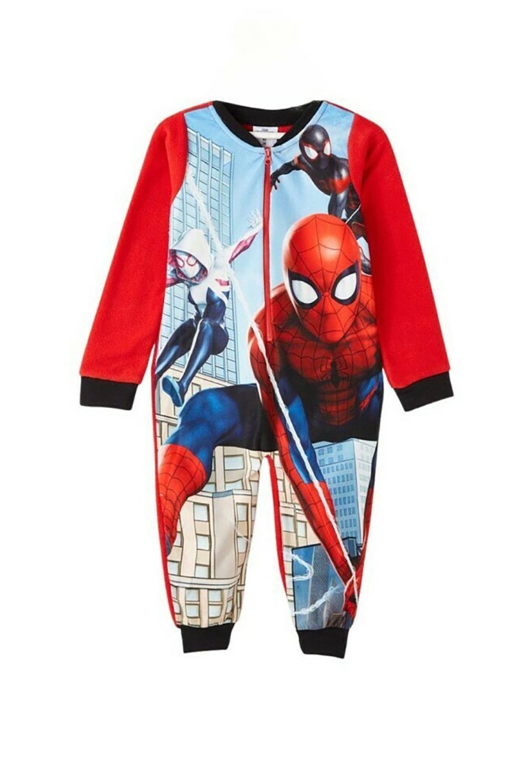 Ensemble en polaire rouge et bleu avec des graphismes de Spider-Man et Spider-Woman. Comprend des poignets noirs et une fermeture éclair à l'avant. Texture douce.