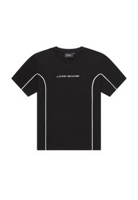 Schwarzes T-Shirt mit kurzen Ärmeln und weißen Paspeln an den Seiten, mit dem Schriftzug "LOVE SCARS" in moderner Schriftart auf der Vorderseite. Aus Baumwolle.