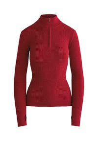 Röd långärmad tröja med ribbad struktur, halvvippad krage och tumhål i ärmslut, designad för en figurnära siluett.