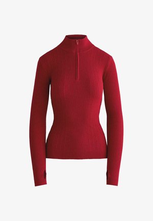 Rode trui met lange mouwen en geribbelde textuur, halve ritssluiting bij de kraag en duimgaten in de manchetten, ontworpen voor een aansluitend silhouet.