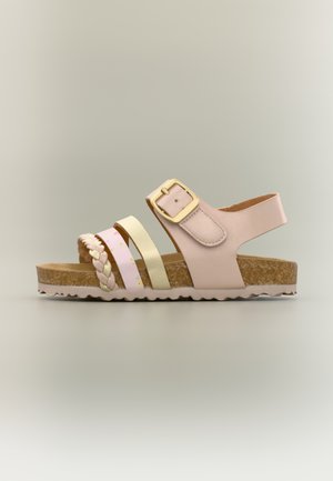 Light pink sandal with a chunky cork sole. Features three straps: one braided, one patterned with floral details, and a metallic gold accent.