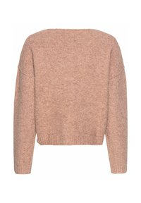 Lichtroze gebreide trui met een ronde halslijn, een drop shoulder design en een geribde zoom. Zachte textuur en ontspannen pasvorm. Achteraanzicht weergegeven.