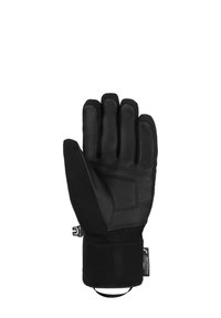 Schwarze Handschuh mit Lederhandfläche, fünf Fingern, weichem Stoffhandgelenk und verstellbarem Bund. Verfügt über ein elegantes Design und ein wasserdichtes Etikett.