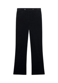 Pantalons évasés noirs au toucher lisse, avec deux poches avant et une fermeture à double bouton à la taille.