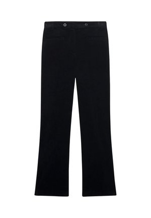 Pantalons évasés noirs au toucher lisse, avec deux poches avant et une fermeture à double bouton à la taille.