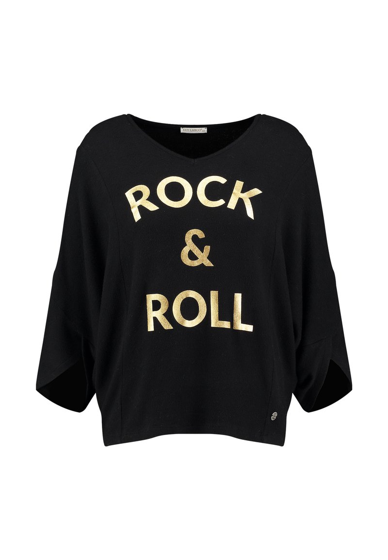 Camicia oversize nera in cotone con scollo a V, caratterizzata dalla scritta "ROCK & ROLL" in lettere dorate bold. Vestibilità ampia con maniche corte e spacchi laterali.