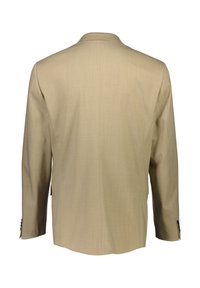 Beige colbert, glad textiel, enkele split, geknopfde revers, mouw met drie knopen, klassieke snit, geschikt voor formele gelegenheden.