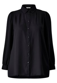 Zwarte blouse met knopen en lange mouwen, zachte stof, lichte glans, geplooide schouders en ronde zoom. Beschikt over een klassieke kraag en manchet mouwen.