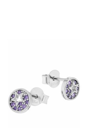 Orecchini a perno in argento con ritaglio a forma di stella circondati da piccole pietre preziose viola, fissati con chiusure a pressione.