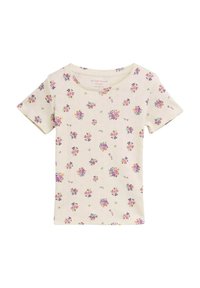 Beige T-Shirt mit kurzen Ärmeln, das ein florales Muster mit lila und gelben Blumen zeigt. Hergestellt aus einem weichen Stoff, mit einem runden Halsausschnitt und regulärem Schnitt.