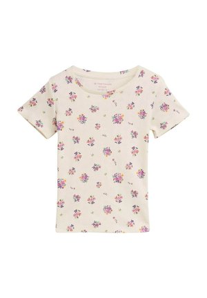 Beige T-Shirt mit kurzen Ärmeln, das ein florales Muster mit lila und gelben Blumen zeigt. Hergestellt aus einem weichen Stoff, mit einem runden Halsausschnitt und regulärem Schnitt.