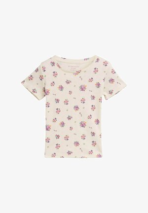 Korte mouwen beige t-shirt met een bloemenpatroon van paarse en gele bloemen. Gemaakt van zachte stof, met een ronde halslijn en een reguliere pasvorm.