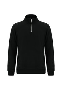 Sudadera negra con cuello alto, cremallera frontal de medio cierre, mangas largas y puños acanalados. Fabricada con un tejido suave y texturizado.