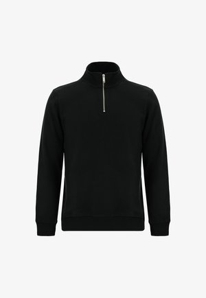 Czarna bluza z golfem, zapinana na zamek do połowy długości, z długimi rękawami i ściągaczami na mankietach. Wykonana z miękkiego, teksturowanego materiału.