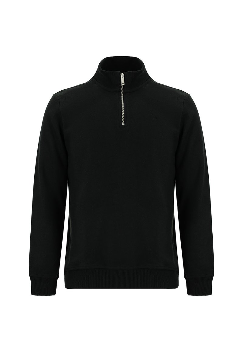 Sudadera negra con cuello alto, cremallera frontal de medio cierre, mangas largas y puños acanalados. Fabricada con un tejido suave y texturizado.